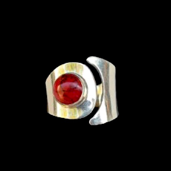 TAXCO Sterling Silver Red Jasper Cabochon Inlay Split Shank Band Sz 9 - Picture 2 of 10